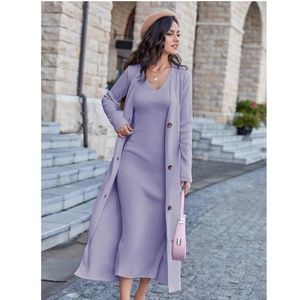 2 Piece Set: Knit Midi Pencil Dress and Long Cardigan Button Through